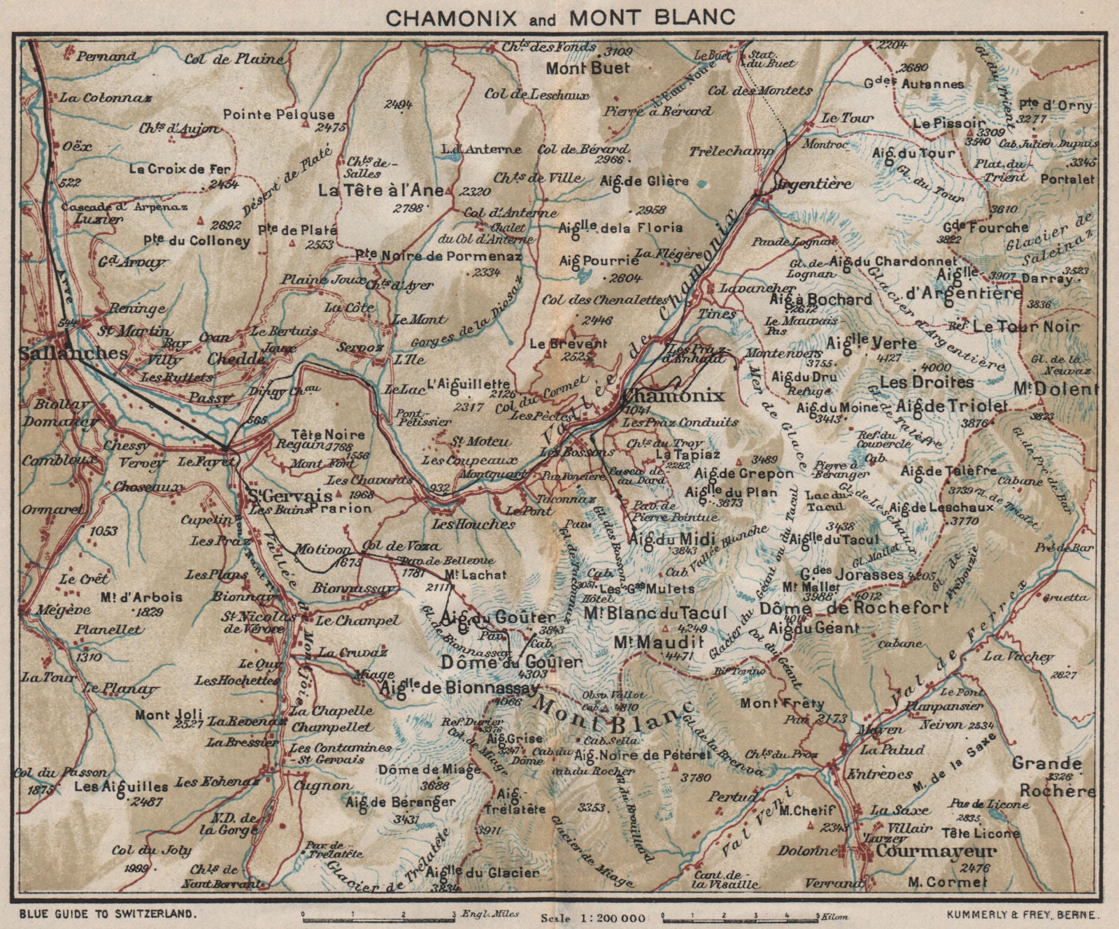 CHAMONIX & MONT BLANC. St Gervais Les Houches Argentière Courmayeur 1930 map